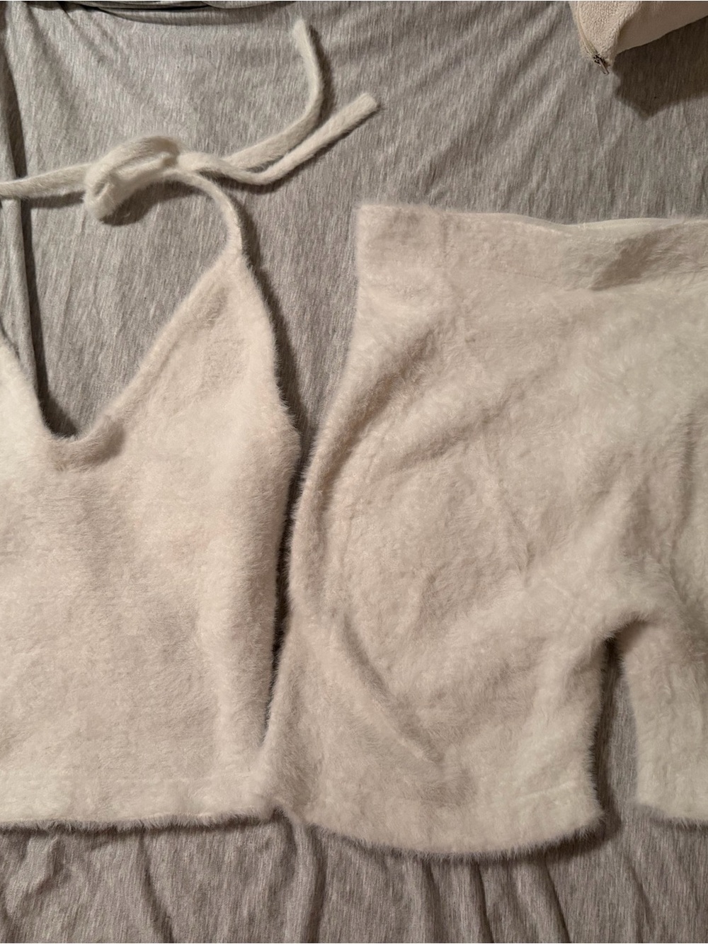 Gymshark x Whitney Simmons Ivory Fuzzy Knit Halter Crop & Bike Shirts